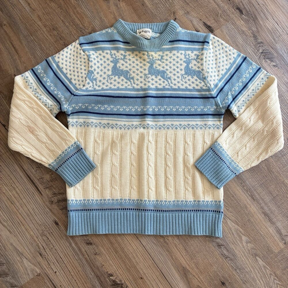 VTG whim Women’s S Blue/Ivory Fair Isle Reindeer Cable-Knit Crew Neck Sweater